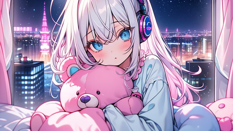 conceptual artwork. medium shot. A girl with white hair and blue eyes is sitting on her pink bed, wearing pink teddy bear pajamas, surrounded by stuffed animals, listening to music on her headphones in a pink room with a large window overlooking a cityscape. medium shot. color palette Vibrantes. Soft lighting from the large window. Dynamic view with the city below and the starry sky above. Triadic color scheme with hints of blue in her eyes and city lights. Pastel colors and soft gradients for pink bedroom and teddy bear pajamas. Detailed textures of stuffed animals and the city. high qualiy, 8K resolution, incredibily detailed