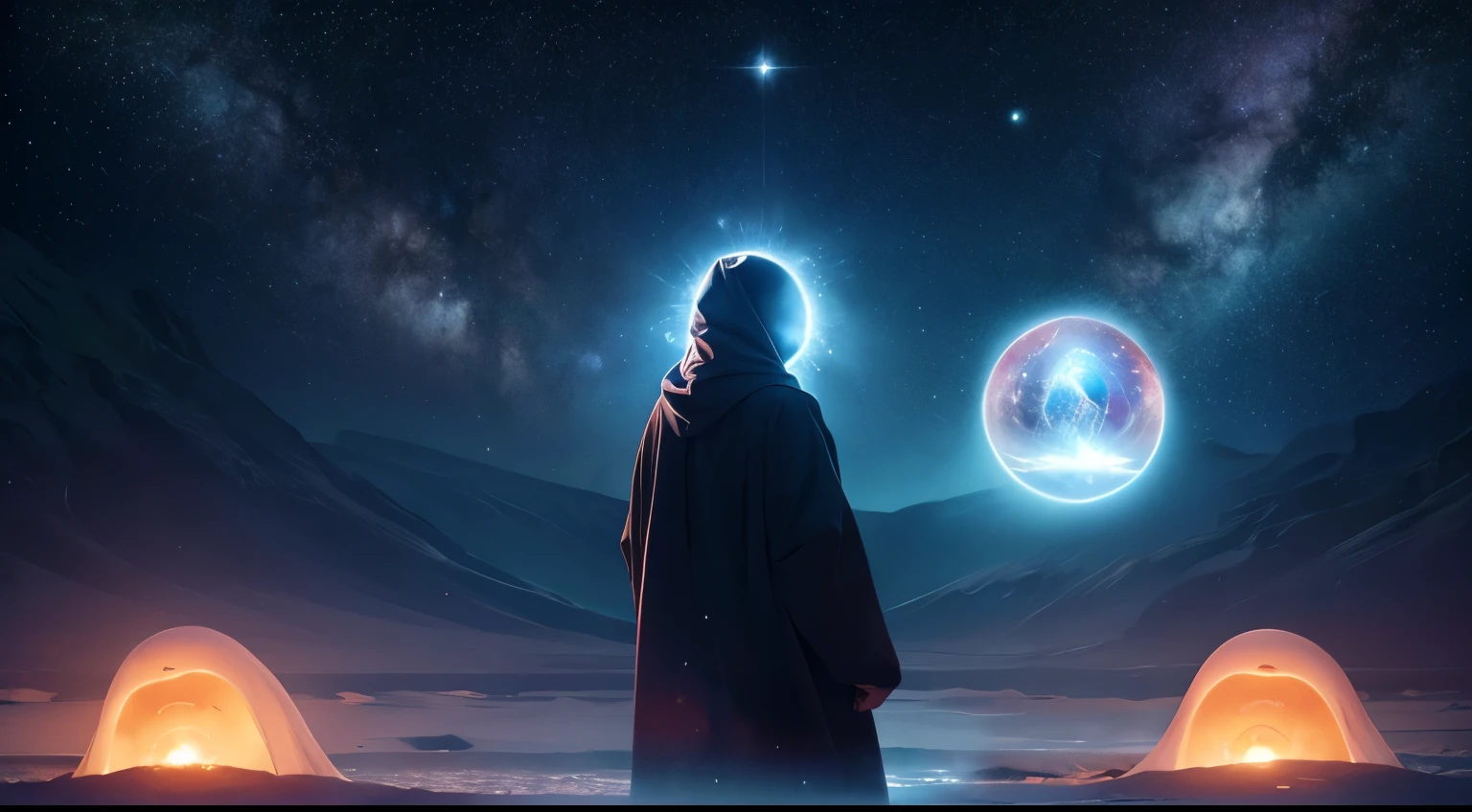 A surreal scene of a floating embryo surrounded by multiple ghostly parent figures, The Womb of the Universe, Celestial background with shining stars and nebulae, Divine Light, Fateful Choice, 16:9 aspect ratio, Hyper-realistic digital art