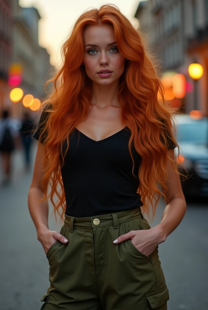 A golden orange redhead woman, with long, wavy hair down to her hips; big green eyes, like a leaf; pink mouth with a slightly exaggerated smile; Round face. Wearing a tight black shirt and loose military green pants, and a dirty sneaker; Bullish, small breasts and hourglass body . Introverted and courageous personality.