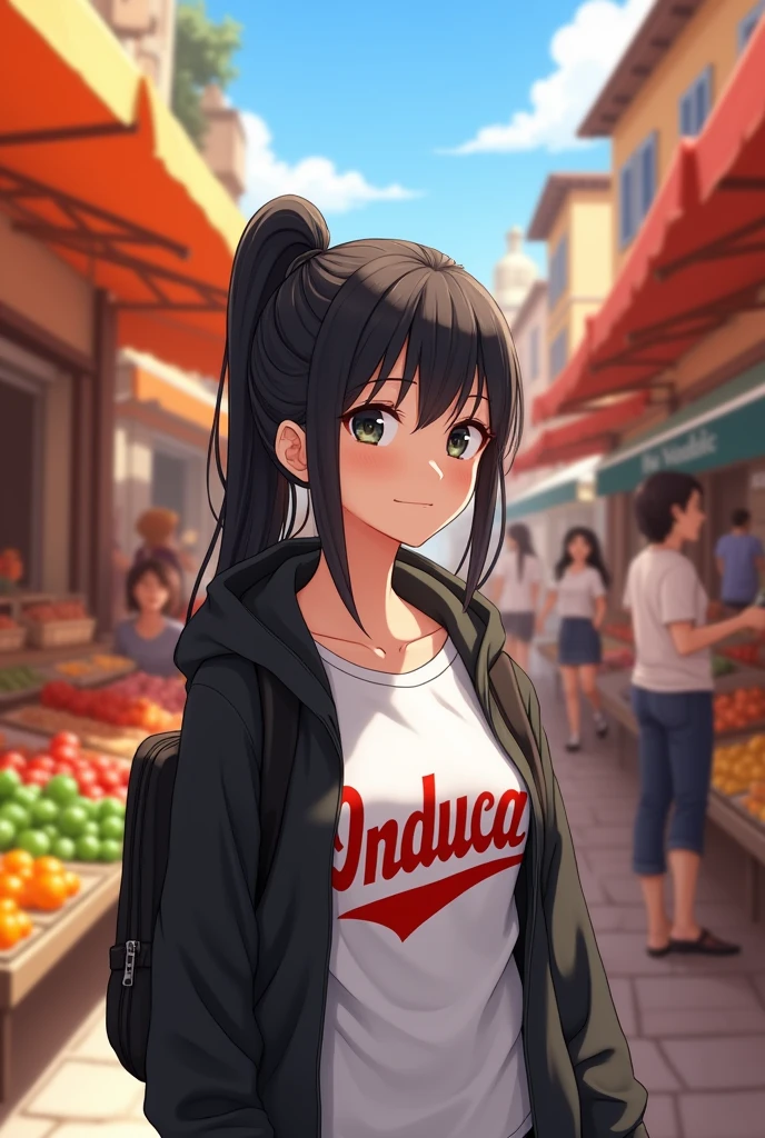 Animated image of a white woman in a market square With long, straight black hair that is worn in a ponytail With very small, black eyes Having a black sports backpack and a white shirt that says the words Induca in red letters with a collar Having a black sweatshirt with an opening