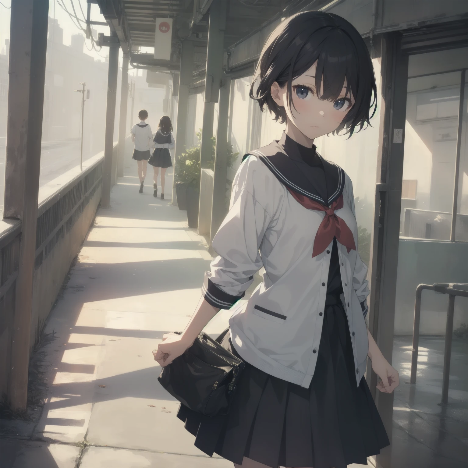 ultra-absurdres-Top quality by artist God, ultra-detailed, high resolution, anime moe artstyle, best anime 8k konachan wallpaper, pixiv contest winner, pool:2810, perfect anatomy,break, 1girl, (Please draw a girl walking sleepily to school alone. )break,(Solo,little female, 13-year-old:1.3),Full limbs, complete fingers,a junior high school student, (very short hair), short cut, flat chest, , small butt, small black eyes, beautiful detailed eyes, well-proportioned iris and pupils, expressive eyes, highres detailed hair, soft expression, salor school_uniform, sailor collar, serahuku, bow, pleated skirt,(Detailed Lighting), (Detailed background), in the School commute route. break,super detailed skin, Best cinematic lighting powered by famous artist, 8k,beauty illustration,photoshop_(medium),very aesthetic,break,((artist:rappa_(rappaya) )), artist:clamp ,artist:carnelian ,artist:kantoku ,