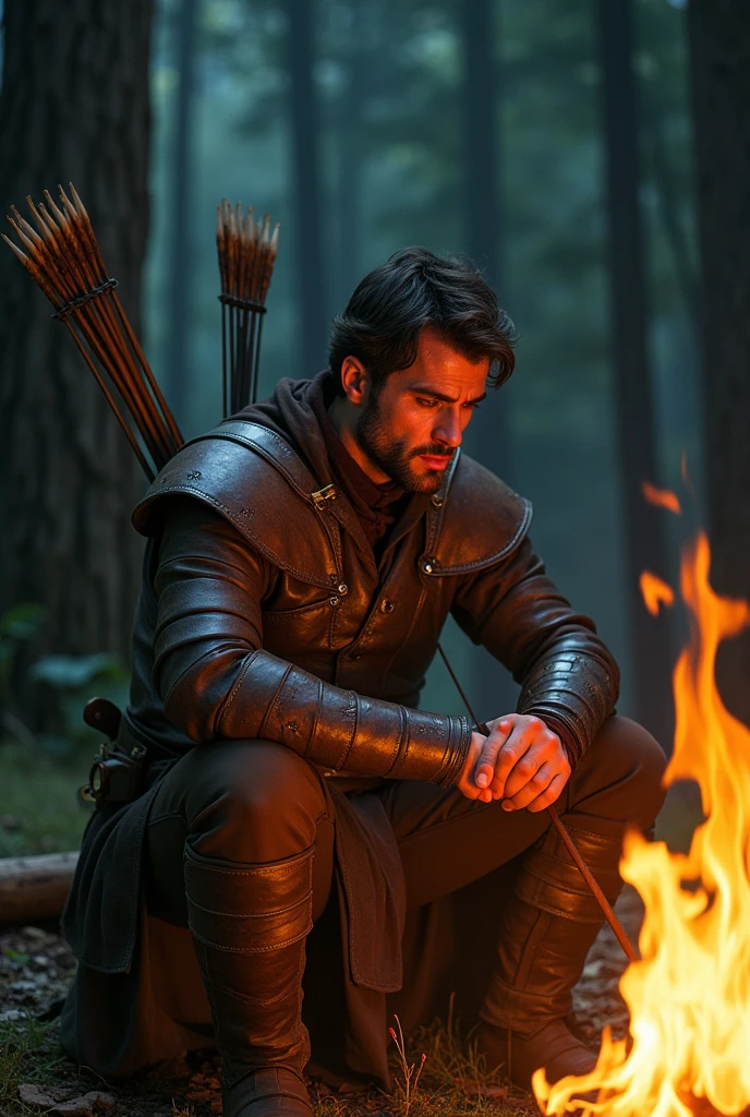 An archer remembering his group of archers sitting next to him who are gone, sitting looking at the burning fire and crying with his head down.