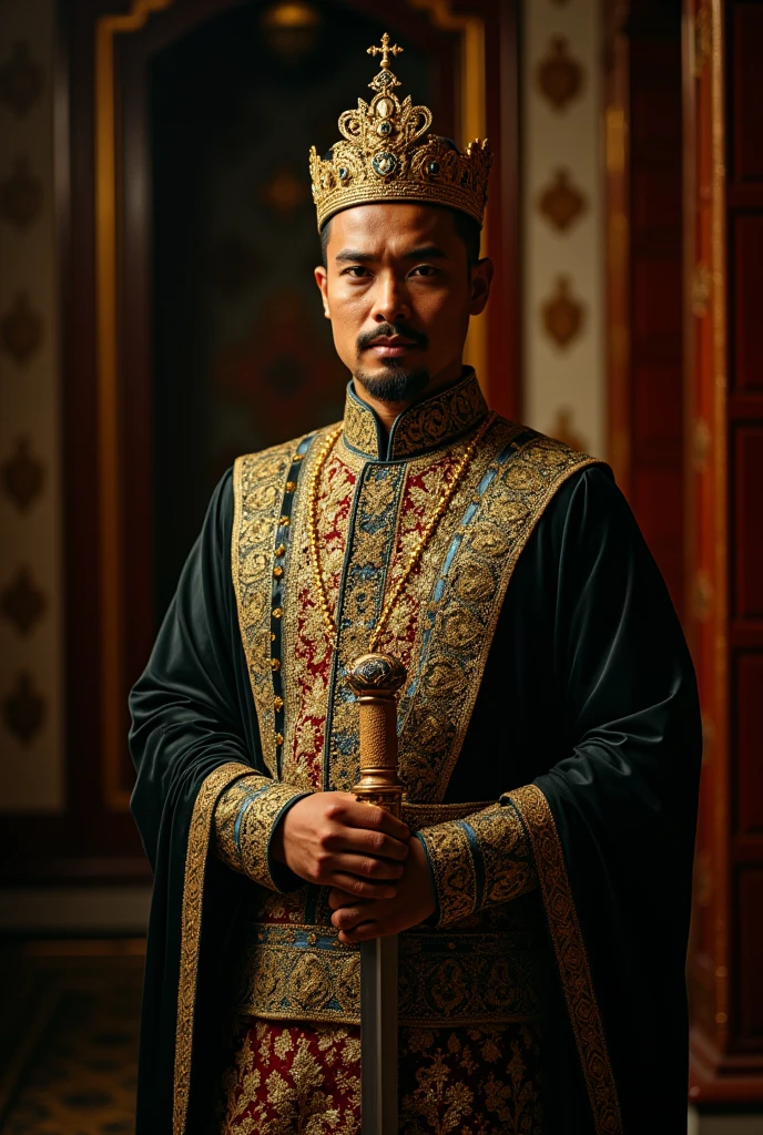 extremely detailed and high resolution photo quality image of a Malay man wearing traditional royalty costume and holding a Malay dagger also known as keris . Low light