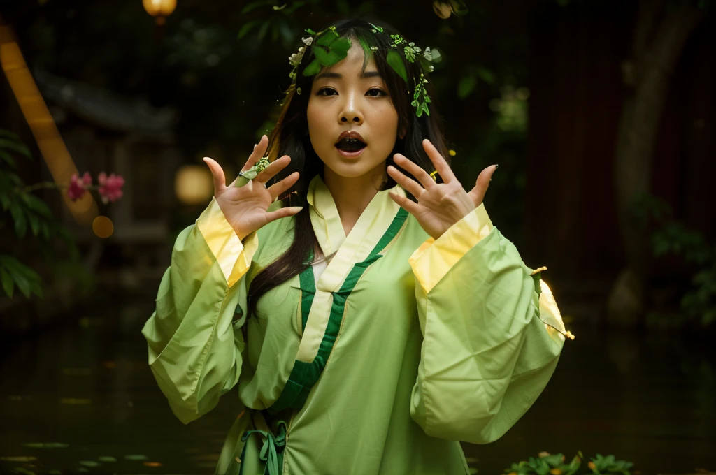 (Best quality, 8k, 32k, Masterpiece, UHD:1.2) "Transform the setting into a serene garden nestled within the palace of Ancient China. Envision traditional Chinese architecture surrounding the garden, with intricately carved wooden beams and ornate roofs adorned with upturned eaves. The garden itself is a tranquil oasis, filled with meticulously arranged plants, including bamboo groves, bonsai trees, and vibrant peonies in full bloom. A calm, reflective pond occupies the center, with koi fish swimming beneath the surface and a stone bridge arching gracefully over it. Lanterns hang delicately from the trees, casting a soft, warm glow. In the distance, a pagoda stands tall, partially hidden by the lush greenery. The air is filled with the faint scent of jasmine and the sound of rustling leaves, creating a peaceful and harmonious atmosphere, reminiscent of the imperial gardens of Ancient China's royal palaces."