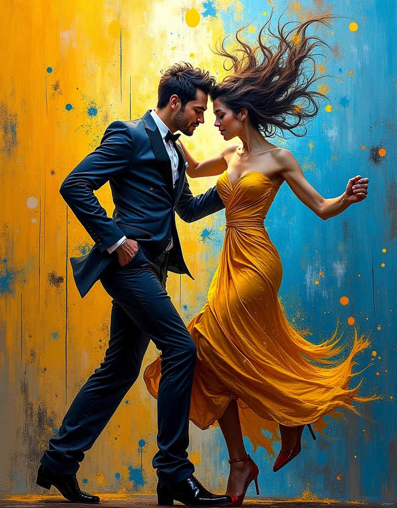 A vibrant and dynamic  passionate dance move  featuring bold abstract shapes and expressive figures. The artwork uses a high-contrast palette of  Gold and  Sky Blue  with energetic brush strokes and splatter effects to evoke a sense of motion and emotion. The composition includes elements of  Art Deco that blend modern abstract with urban art vibes. Created Using: dramatic lighting layered textures mixed media aesthetic graffiti-inspired details hd quality natural look