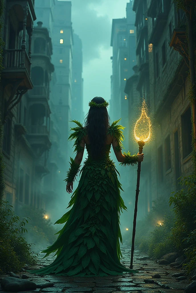 a woman with armor made of leaves and vegetation illuminating a very dark and gloomy city at night with a very bright scepter of light
