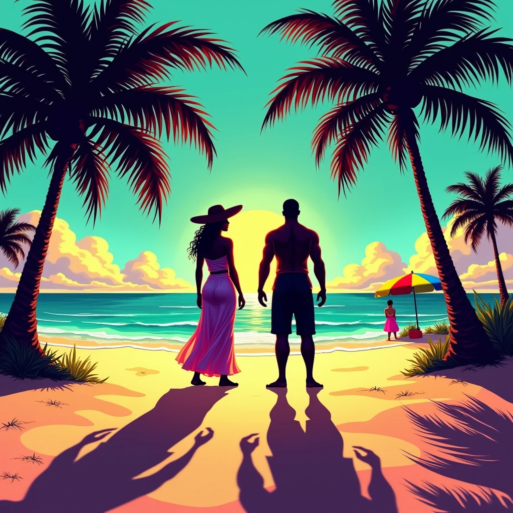 black shadow of two mexican people on a beach in vice city gta