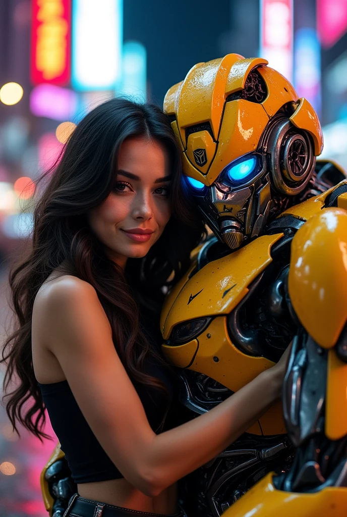 Megan Fox as Mikaela embracing Bumblebee