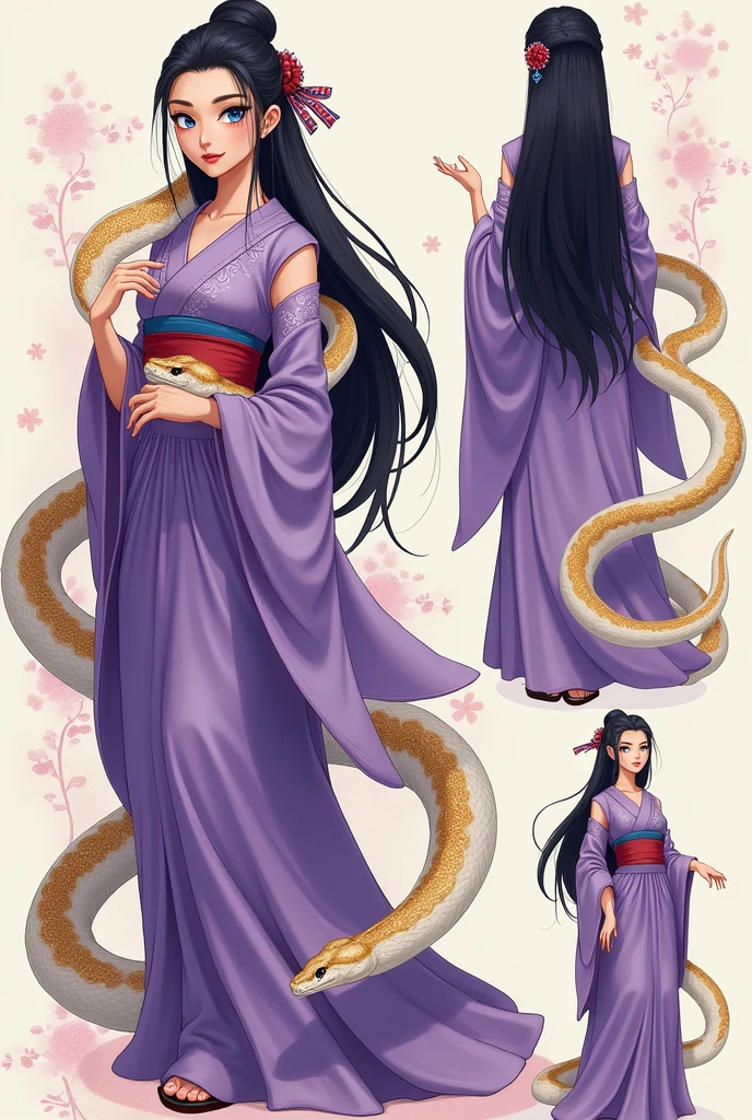 (CHARACTERSHEET:1) (MULTIPLE VIEWS FULL BODY UPPER BODY REFERENCE SHEET:1)
"Japanese woman with blue eyes and black hair, wearing a purple dress and next to her there is a white and yellow python snake"