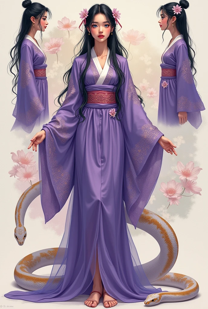 (CHARACTERSHEET:1) (MULTIPLE VIEWS FULL BODY UPPER BODY REFERENCE SHEET:1)
"Japanese woman with blue eyes and black hair, wearing a purple dress and next to her there is a white and yellow python snake"