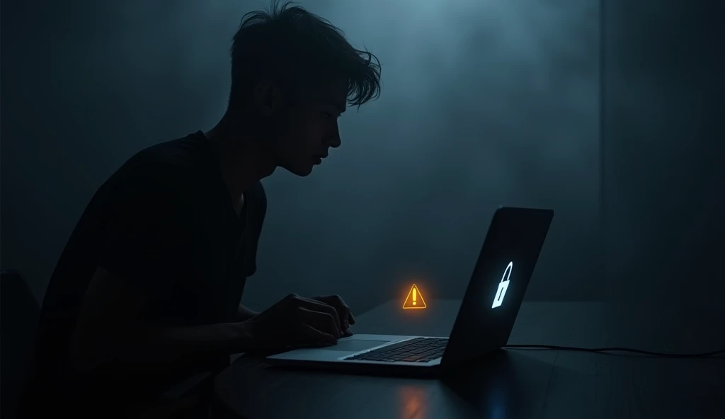 Create a dark background using shades of gray or dark blue to evoke mystery and alertness; position the silhouette of a person from the side, slightly tilted, with their face turned toward a laptop, in black or dark gray to stand out against the background; place the open laptop in front of the person, with the screen visible in profile, and add a Wi-Fi icon on the screen; over the screen or near the silhouette, add a Wi-Fi icon in white or light blue to contrast with the dark background; next to the Wi-Fi icon, insert a small broken padlock in red or orange to suggest an insecure connection; add a slight glow around the silhouette or the Wi-Fi icon to make them stand out more; insert a small yellow alert triangle with an exclamation point in a corner of the thumbnail to increase the sense of urgency; adjust the contrast and clarity of all elements to ensure the message is clear and attractive, even in a reduced size.