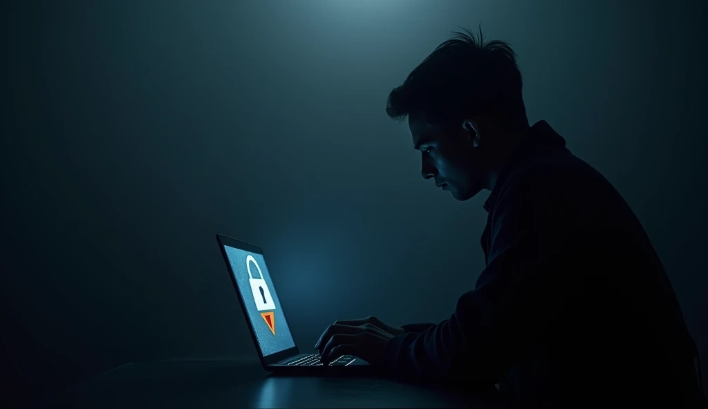 Create a dark background using shades of gray or dark blue to evoke mystery and alertness; position the silhouette of a person from the side, slightly tilted, with their face turned toward a laptop, in black or dark gray to stand out against the background; place the open laptop in front of the person, with the screen visible in profile, and add a Wi-Fi icon on the screen; over the screen or near the silhouette, add a Wi-Fi icon in white or light blue to contrast with the dark background; next to the Wi-Fi icon, insert a small broken padlock in red or orange to suggest an insecure connection; add a slight glow around the silhouette or the Wi-Fi icon to make them stand out more; insert a small yellow alert triangle with an exclamation point in a corner of the thumbnail to increase the sense of urgency; adjust the contrast and clarity of all elements to ensure the message is clear and attractive, even in a reduced size.