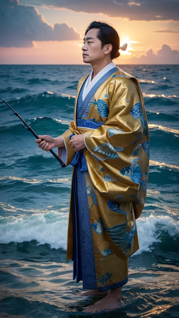 a powerful majestic portrait of Sumiyoshi Daijin, the Sea God, dressed in intricate traditional robes adorned with motifs of waves and marine life, his expression conveying wisdom and tranquility, standing before a serene seascape with gentle rolling waves and a glowing horizon, a seashell and fishing net accenting his connection to the sea, masterpiece, hyper detailed, photorealistic, cinematic lighting, vibrant colors