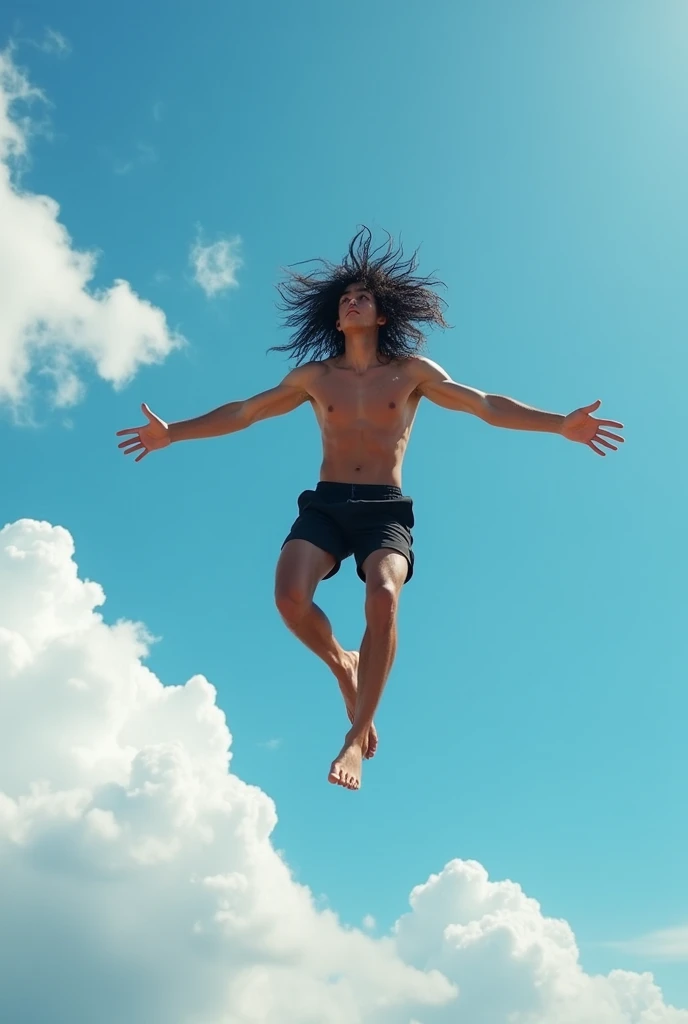 The ager with long black curly hair, his arms and legs are long, he wears black shorts, no shirt, his arms and legs stretch out like big ropes and he is in flight, his arms and legs are two meters long.