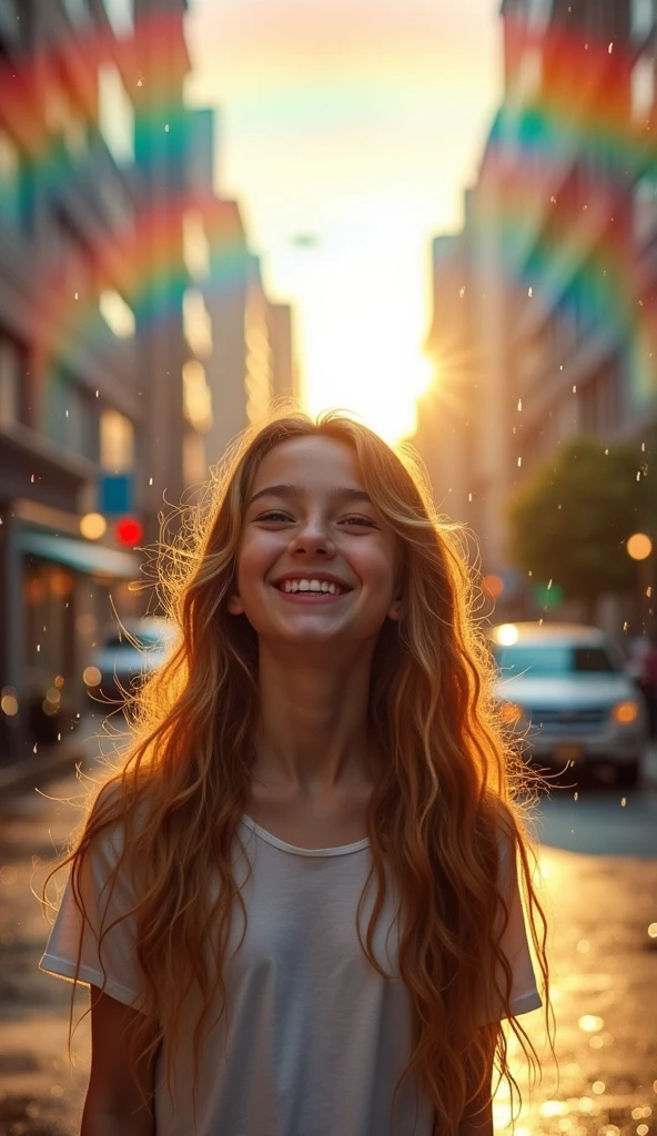 Full body representation of a happy girl with a smile on her face, looking up, hair saturated with rain, in the middle of an urban daytime rain, rainbow, the wind gently swaying her wet locks, captured in a paradisiacal paradise setting, triadic palette, ultra-fine detail, atmospheric, captured with a shallow depth of field, cinematic.