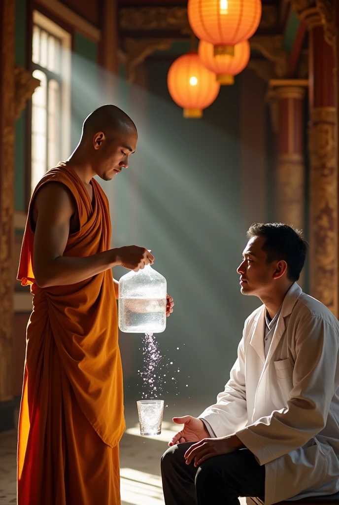 Make a realistic image of a Buddhist human holding a two-liter jug of water and filling a glass from that jug and water spilling out of the glass., that he is in a temple with a scientist sitting in front of him