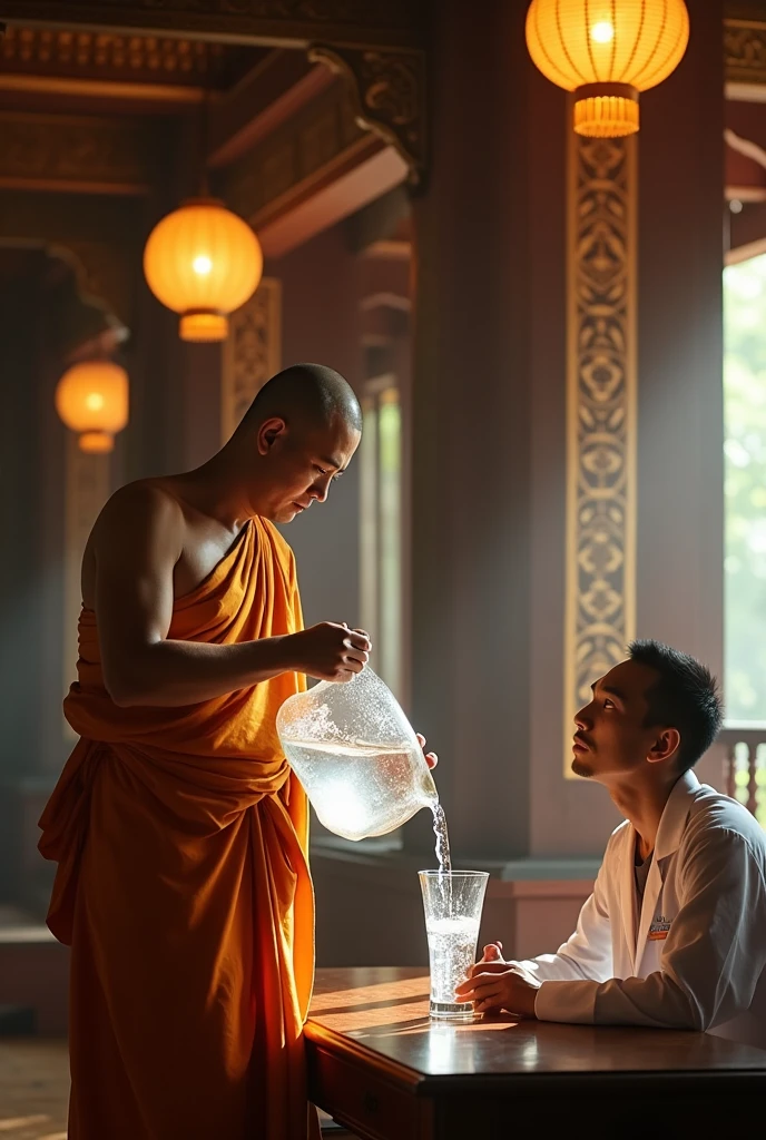 Make a realistic image of a Buddhist human holding a two-liter jug of water and filling a glass from that jug and water spilling out of the glass., that he is in a temple with a scientist sitting in front of him