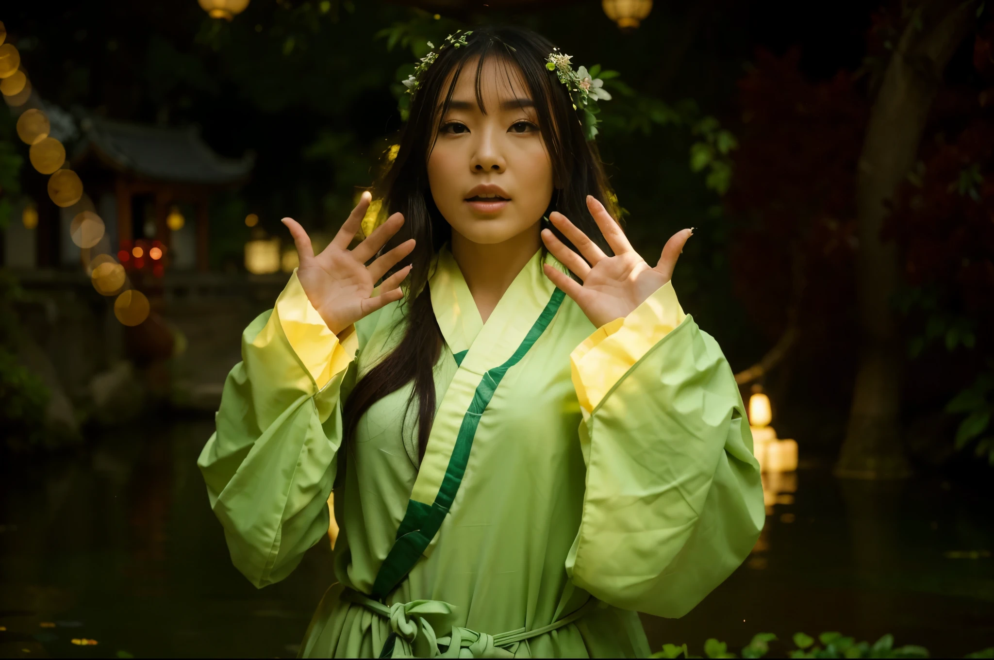 (Best quality, 8k, 32k, Masterpiece, UHD:1.2) "Transform the setting into a serene garden nestled within the palace of Ancient China. Envision traditional Chinese architecture surrounding the garden, with intricately carved wooden beams and ornate roofs adorned with upturned eaves. The garden itself is a tranquil oasis, filled with meticulously arranged plants, including bamboo groves, bonsai trees, and vibrant peonies in full bloom. A calm, reflective pond occupies the center, with koi fish swimming beneath the surface and a stone bridge arching gracefully over it. Lanterns hang delicately from the trees, casting a soft, warm glow. In the distance, a pagoda stands tall, partially hidden by the lush greenery. The air is filled with the faint scent of jasmine and the sound of rustling leaves, creating a peaceful and harmonious atmosphere, reminiscent of the imperial gardens of Ancient China's royal palaces."
