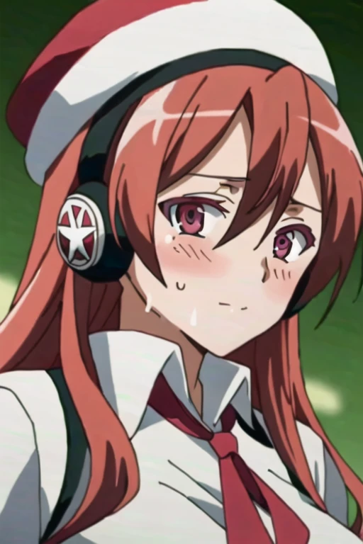 (extremely detailed), (masterpiece), (best quality), (ultra-detailed), (best illustration), (best shadow), (absurdres), (blurry background), Chelsea, 1girl, solo, long hair, headphones, red hair, (aroused facial expression), blush, sweat, red eyes, vest, (white beret), white hat, looking at viewer, pink eyes, anime coloring, big breasts, (simple background), close-up