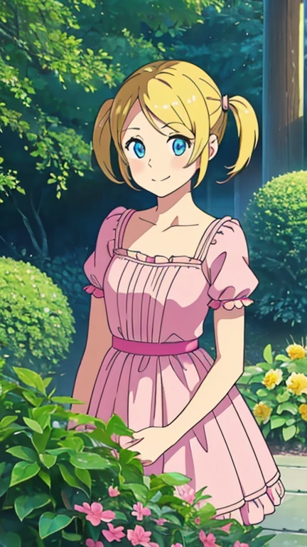 (1girl, solo, highly insanely detailed, masterpiece, top quality, best quality, highres, 4k, 8k, RAW photo),((innocent look)),((Childish)),From the front, symmetrical composition,smile,cute,Innocent,Kind eyes, kotonoha no niwa, garden, The Garden of Words, (blonde hair, deedee, solo, pink dress, twintails, blue eyes, 1girl, short twintails, smile, standing), upper body,