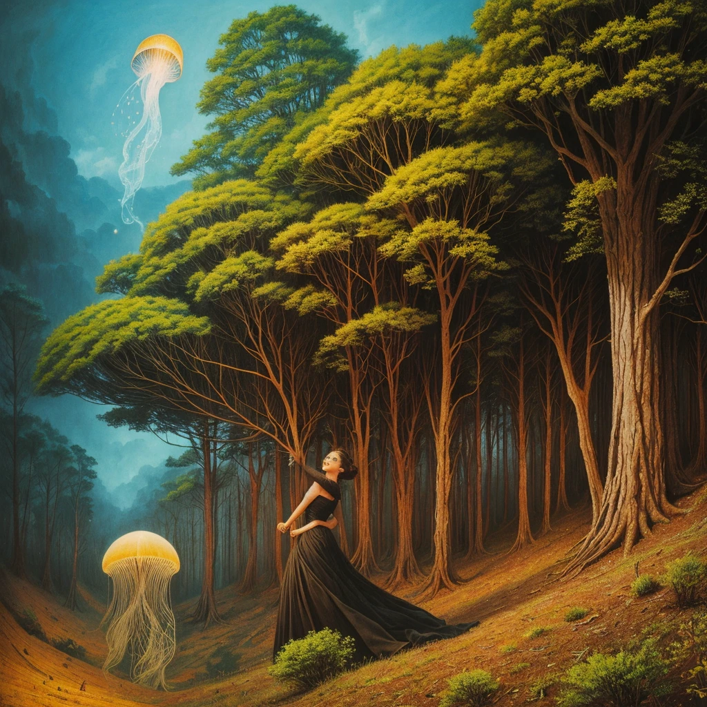 golden hour, paranormal activities, surreal portrait of a beautiful laughing young woman with face of Audrey Hepburn morphed with Anne Hathaway with delightful smile and gigantic breast, colorful forrest with weird trees, log cabin with chimney and smoke in a shape of gigantic jellyfish ufo, hedgehog giraffe, swing, psyhodelic horror mood, color pencil art in style of zdzisław beksiński