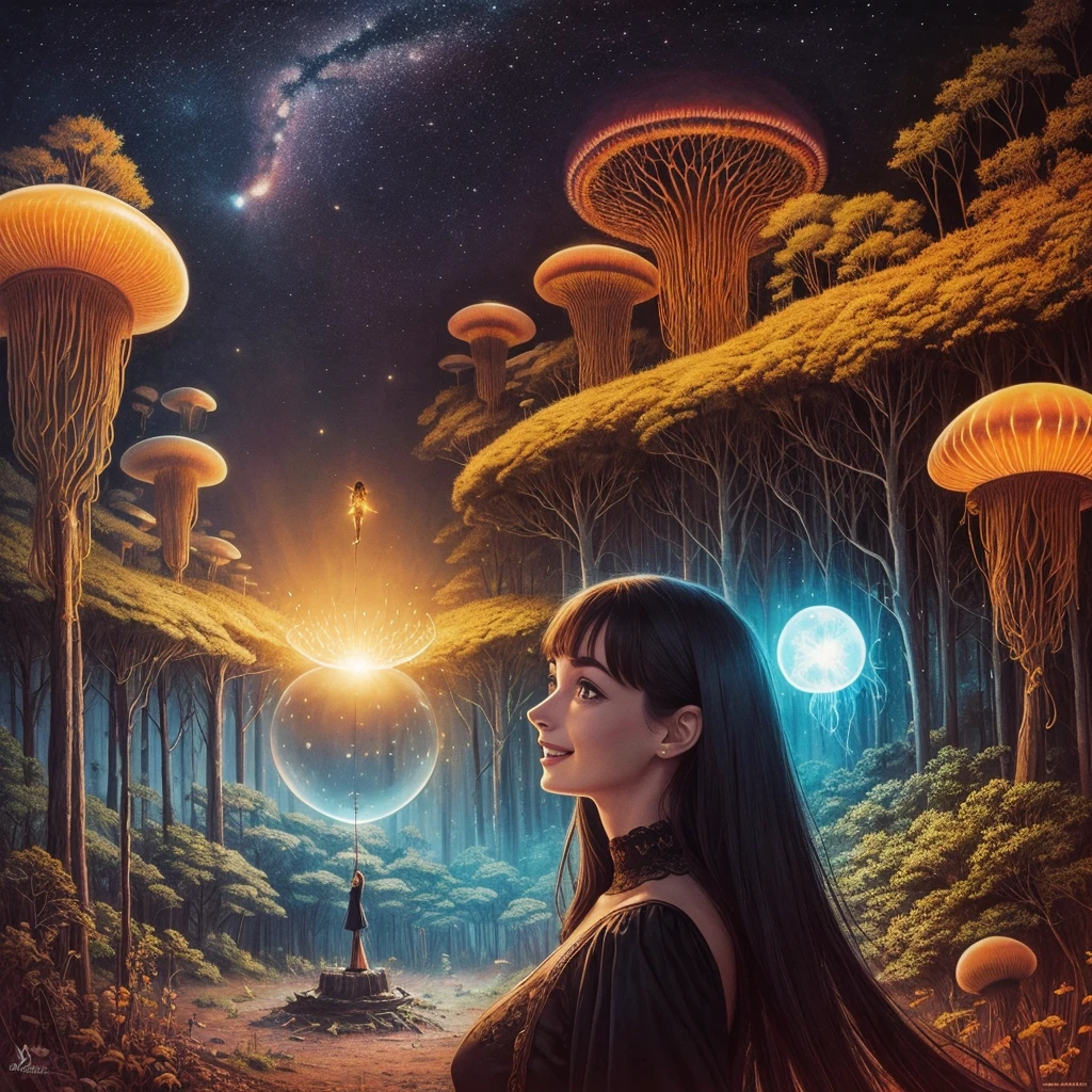 golden hour, paranormal activities, surreal portrait of a beautiful laughing young woman with face of Audrey Hepburn morphed with Anne Hathaway with delightful smile and gigantic breast, colorful forrest with weird trees, log cabin with chimney and smoke in a shape of gigantic jellyfish ufo, hedgehog giraffe, swing, psyhodelic horror mood, color pencil art in style of zdzisław beksiński