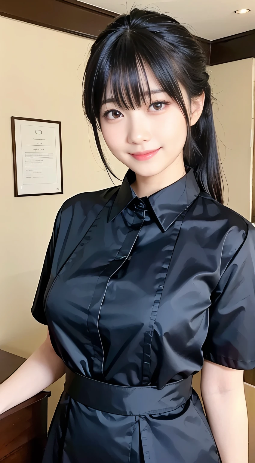 (Highest quality,masterpiece:1.3,Ultra-high resolution,),(Very detailed,Caustics),(Realistic:1.4,RAW shooting,)Ultra-Realistic Capture,Very detailed,High resolution 16K human skin closeup。 Natural skin texture、,pores、、、、It must be detailed enough to be easily identifiable。 Skin tone is even and healthy looking。 Use natural light and color,restaurant,Waitress Uniform,1 person,Japanese,18-year-old,cute,Black-haired,ponytail,Big Breasts,smile,Turn your body forward,(Front view:1.1),Looking into the camera,Cowboy Shot,