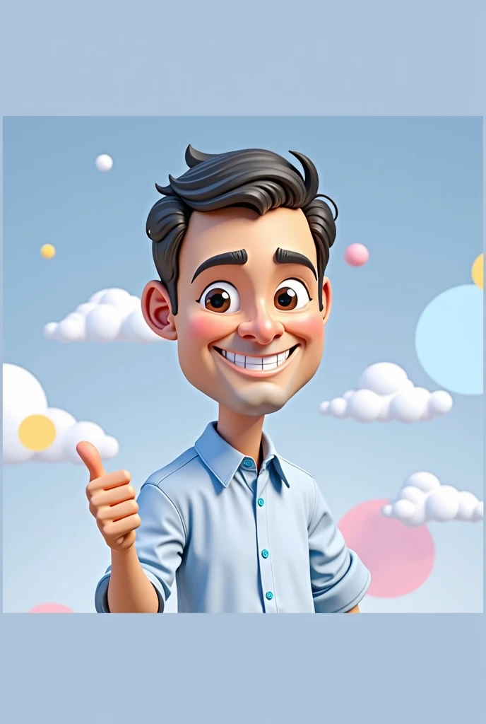 Cartoon character of a man blue shirt, 45 years old adult, an animated character, stylized character, animation style rendering, 3d stylized, smiling and making a nice hand sign