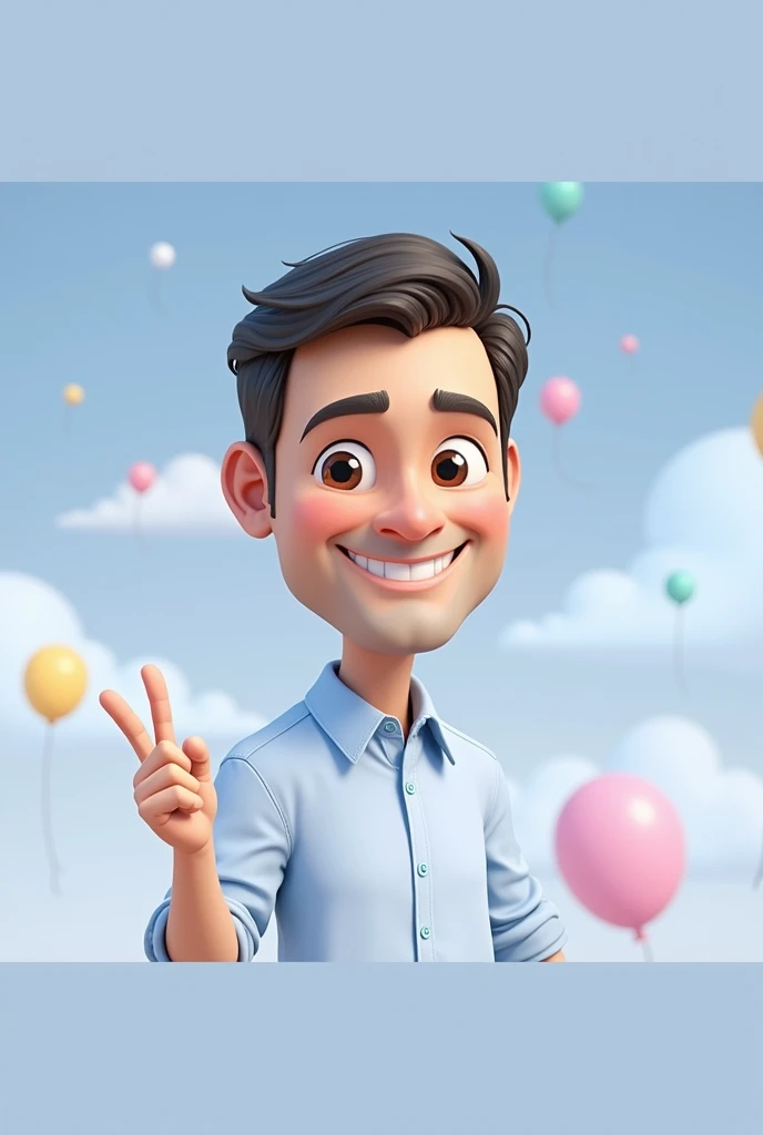 Cartoon character of a man blue shirt, 45 years old adult, an animated character, stylized character, animation style rendering, 3d stylized, smiling and making a nice hand sign