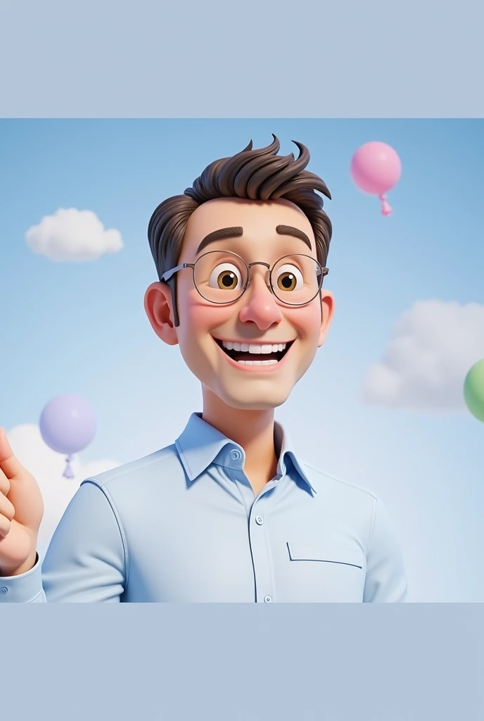 Cartoon character of a man blue shirt, 45 years old adult, an animated character, stylized character, animation style rendering, 3d stylized, smiling and making a nice hand sign