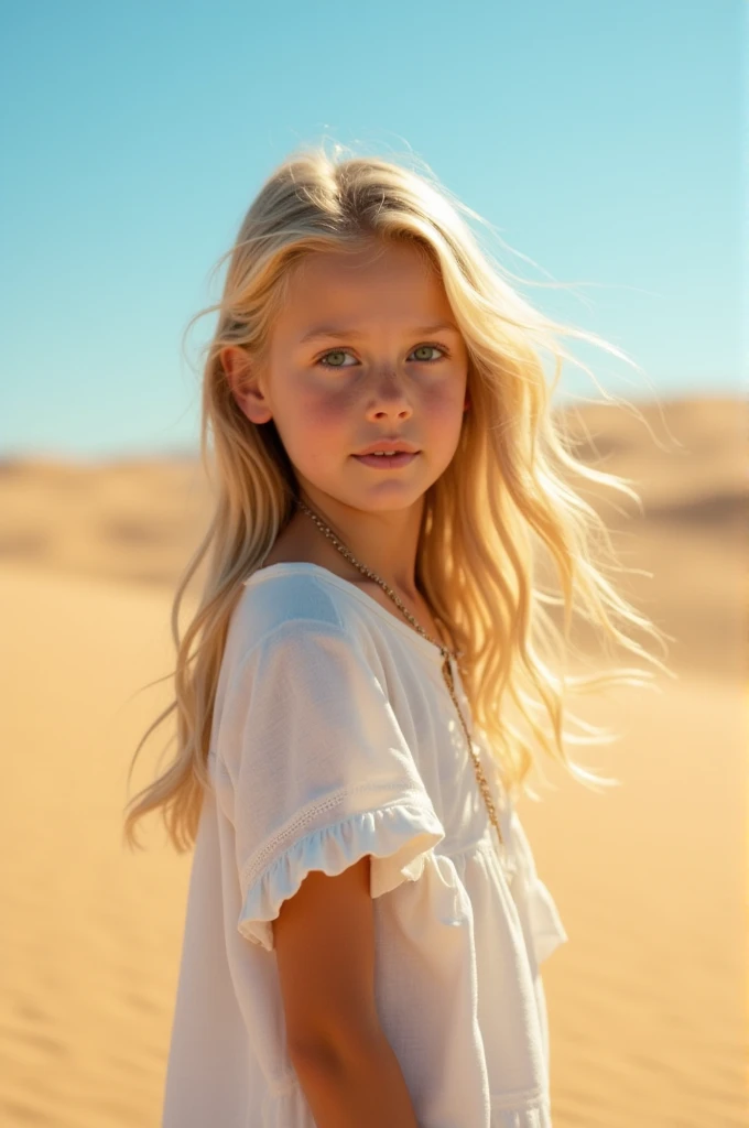A girl with green eyes and blue eyes and blond hair and blonde hair loose linen dress white. Desert background.