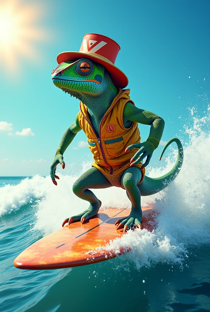 chameleon, surfing clothes, hat with a V, a V-shaped board