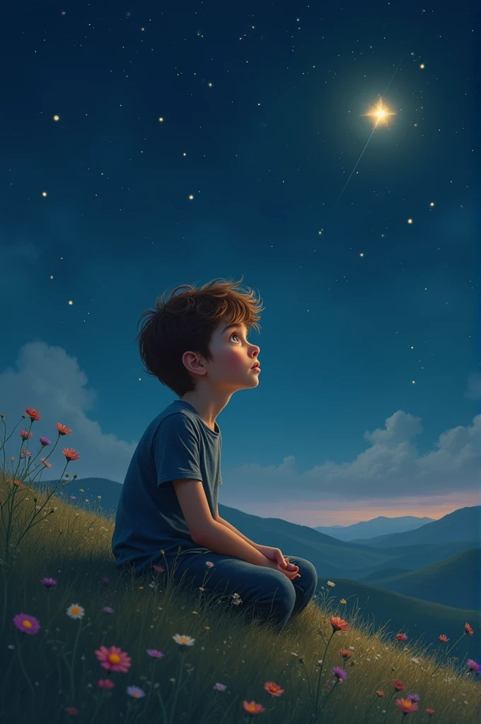 Create an image of the following scene:Over time, Thomas continues to talk to the star every night. Although the pain never completely goes away, learn to live with it. He knows his mom is in a special place, always taking care of him. In your heart, Thomas saves every memory and moves on, with the certainty that, Even if life changes, His mother&#39;s love will always be with him, like a star that will never stop shining