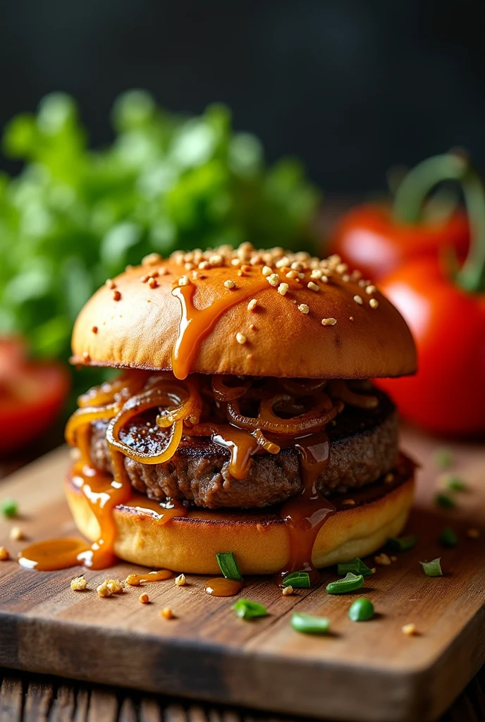 Burger photo , Australian cheddar bread and 1 burger with caramelized onions