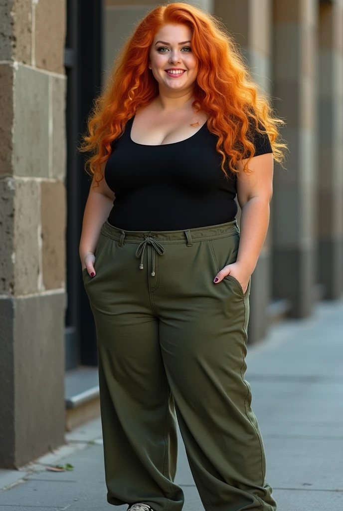 A golden orange redhead woman, with long, wavy hair down to her hips; big green eyes, like a leaf; pink mouth with a slightly exaggerated smile; Round face. Wearing a tight, black, neckless shirt, and a pair of military green wide-leg pants, and a dirty sneaker; Bullish, small breasts and hourglass body, and chubby. Introverted and courageous personality.