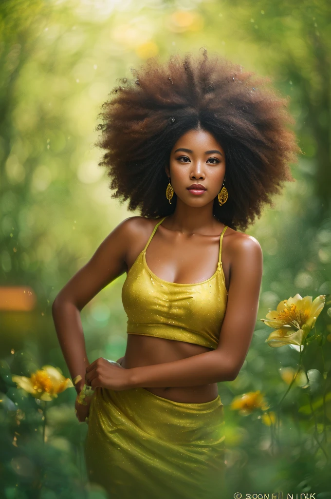 1 African American girl, firefighter, Forest of green trees, surrounded by rain, Illustration style, motion-blur, full body long exposure, exquisite facial features, Chinese style ink style, martial arts style, selective focus, panorama, (bokeh:1.5)