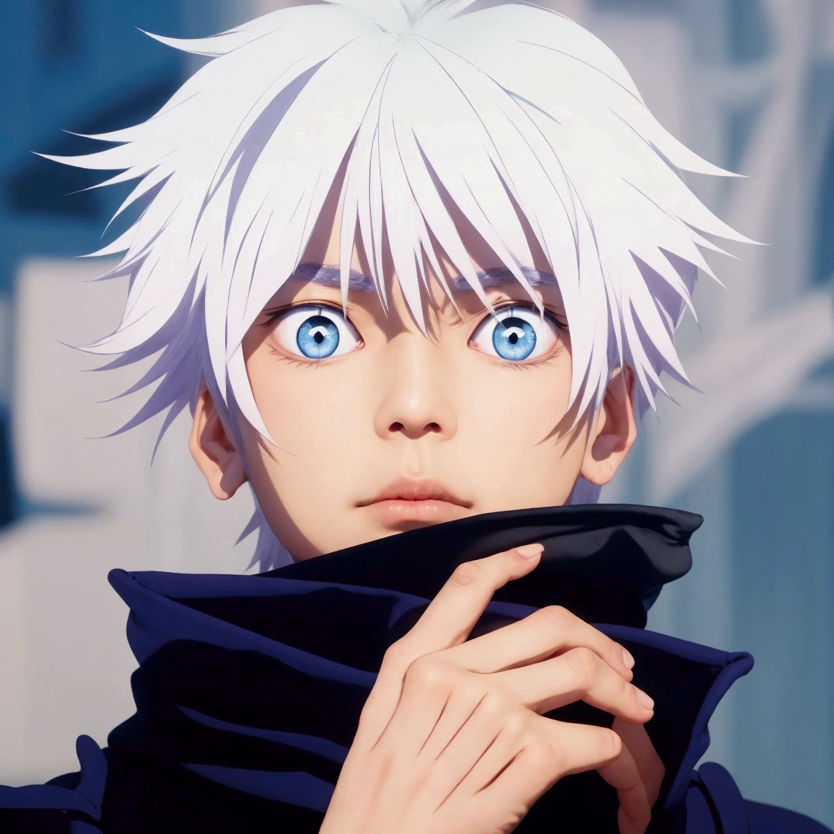 a handsome Asian male, with white hair. has very vibrant blue eyes. Wears a dark blue zip-up jacket with a high collar that's also fairly wide.