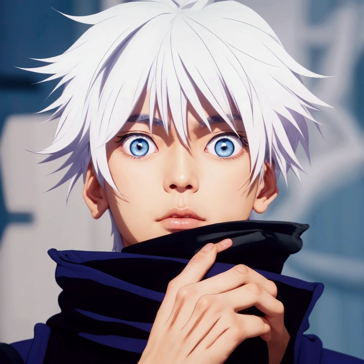 a handsome Asian male, with white hair. has very vibrant blue eyes. Wears a dark blue zip-up jacket with a high collar that's also fairly wide.