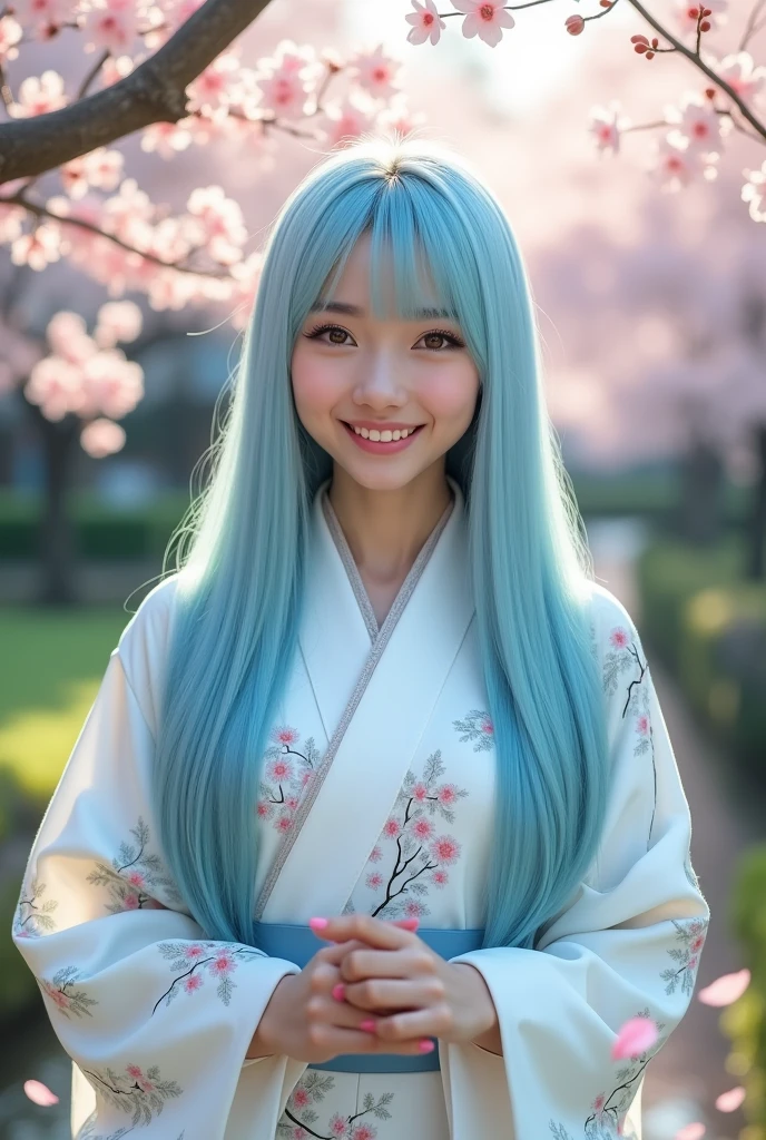 She has light blue, straight long hair, a white kimono, grey eyes, and a cheerful face, facing forward.
