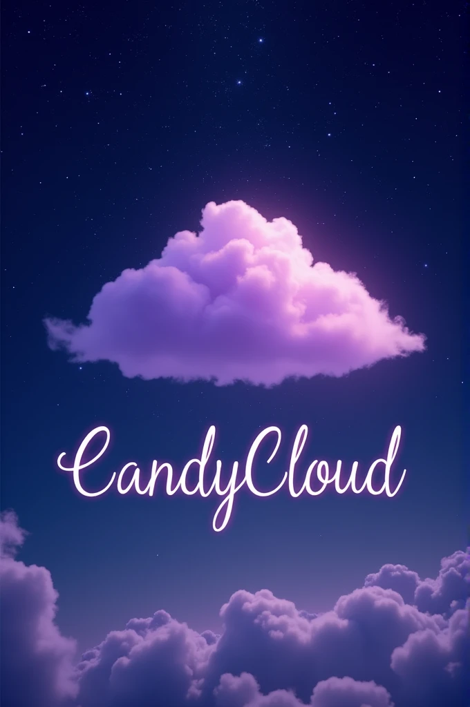 Logo of a single purple cloud, the cloud that only has the outer outline., with starry sky,  below the cloud the name of the logo which is CandyCloud, have it written in a soft and flowing font. 