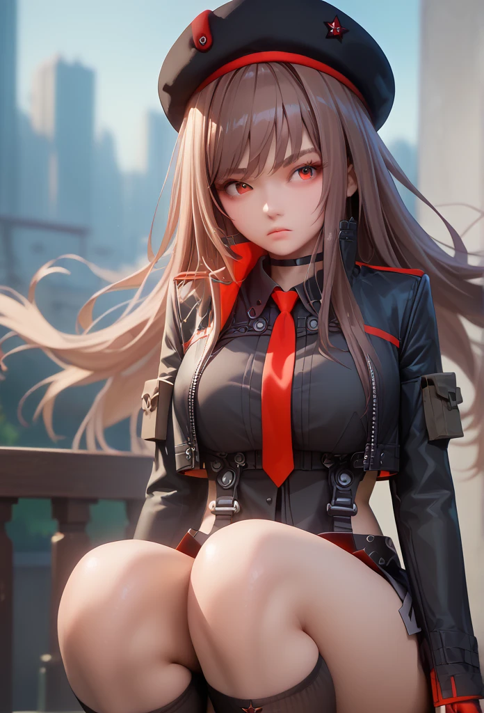 Lapidev, Red eyes, Brown Hair, Long Hair, bangs, beret, Black jacket, Cropped jacket, Red tie, gloves, Black Shirt, 
Knee socks,9,score_8_superior,score_7_superior,masterpiece,Highest quality,Perfect Anatomy,so beautiful,Official Art,8k,Shiny_skin,fair_skin,white_skin, mini skirt、Thighs:1.4,Large Breasts:1.5,,choker、Erotic squatting、The body is facing forward