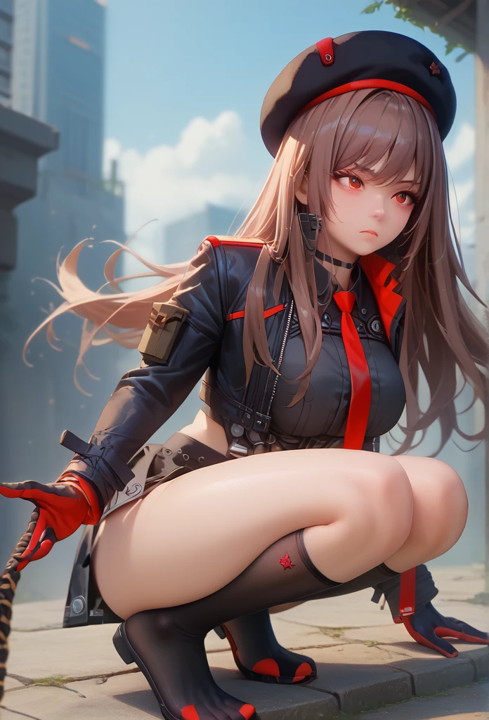 Lapidev, Red eyes, Brown Hair, Long Hair, bangs, beret, Black jacket, Cropped jacket, Red tie, gloves, Black Shirt, 
Knee socks,9,score_8_superior,score_7_superior,masterpiece,Highest quality,Perfect Anatomy,so beautiful,Official Art,8k,Shiny_skin,fair_skin,white_skin, mini skirt、Thighs:1.4,Large Breasts:1.5,,choker、Erotic squatting、The body is facing forward