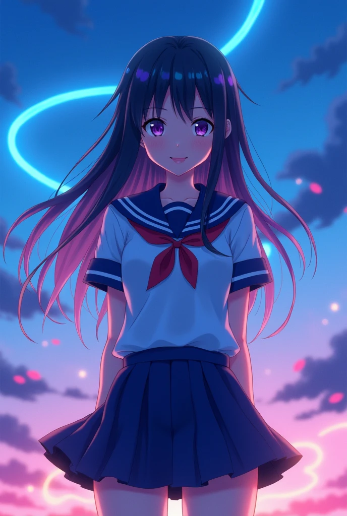 Hayase Nagatoro ((senpai))neon ligthing glow effect blue sunset,,detailed,,4k resolution ultra