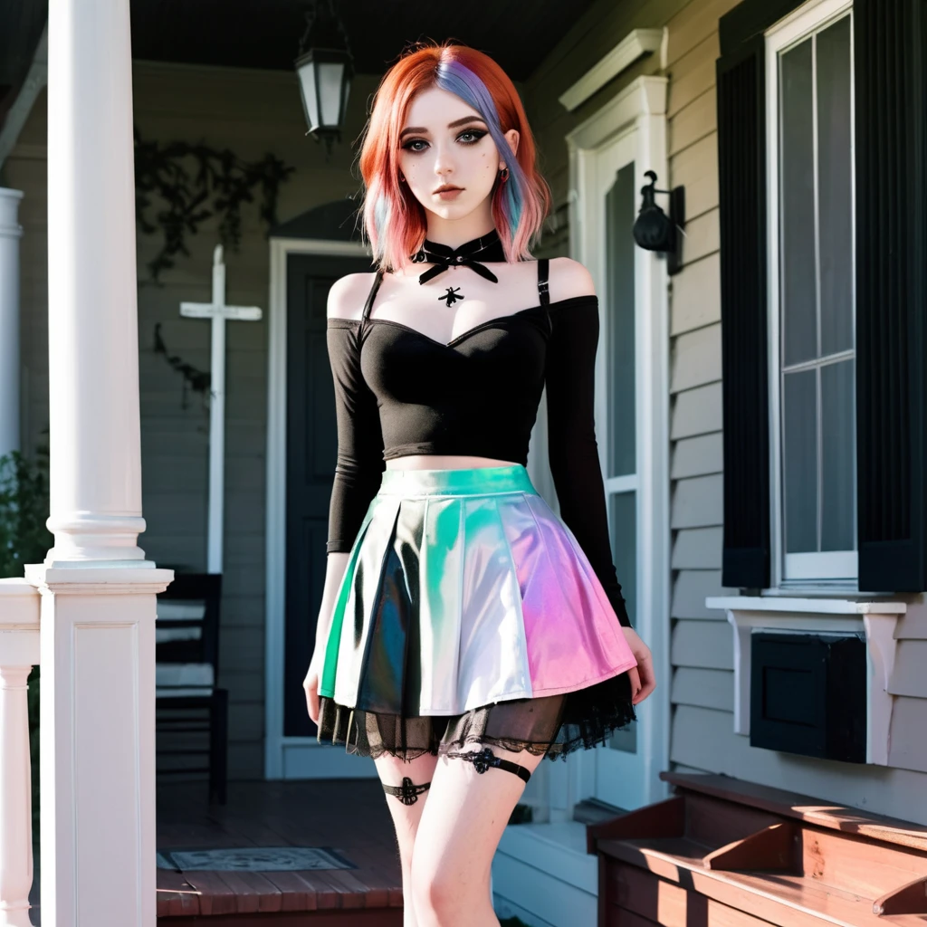 Front porch of suburban house, pastel goth, sexy goth girl, photo of cute 20 year old Italian redhead women, bare foot, short skirt, standing, full body picture, no lipstick, no lipstick, cinematic shot, hard shadows, photorealistic, cute face, looking at the viewer, photography, raw photo, white rainbow hair, detailed skin, sexy goth girl, face blush, front porch of suburban house, pastel goth, sexy goth girl, photo of cute 20 year old Italian redhead women, bare foot, short skirt, standing, full body picture, no lipstick, no lipstick, cinematic shot, hard shadows, photorealistic, cute face, looking at the viewer, photography, raw photo, white rainbow hair, detailed skin, sexy goth girl, face blush. Realistic, perspective, religious or mythological themes, highly detailed