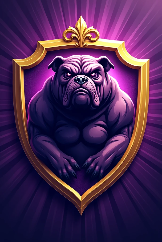 Create a shield for a football team called Barbalho GBC in Portuguese, purple and gold colors, bulldog