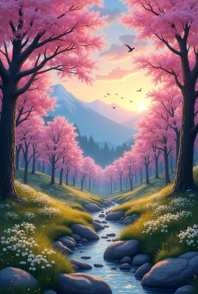 Deep forest, distant mountains, flying birds. Two-dimensional style, bright and vibrant, cherry blossoms cover the mountainside, the sunrise can be seen in the distance, a stream meanders, there are a few daffodils on the bank, the sunrise
