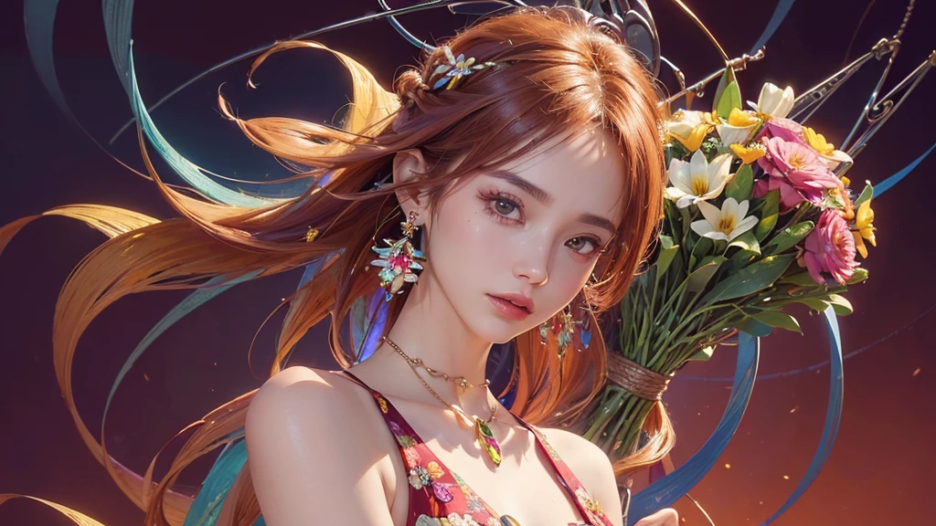 32K, 最高quality, 最高masterpiece, (ultra-Detailed Background, Detailed Background), High resolution, Super detailed, Very detailedな, 1 personの, (bouquet:1.3), (Tangled:1.2), (Geometric:1.2),(colorful),(masterpiece, quality, best quality, Official Art, Beautiful and beautiful:1.2), (1 person:1.3), Very detailed,(colorful:1.1)(Flowers:1.3),Most detailed,(Tangled:1.2), whole body, (Abstract background:1.3), (Skin glows), (Many colors:1.4), ,(Earrings Jewelry:1.5), Pale Red Background, It's imaginative., Milk tea colored hair, Updo,