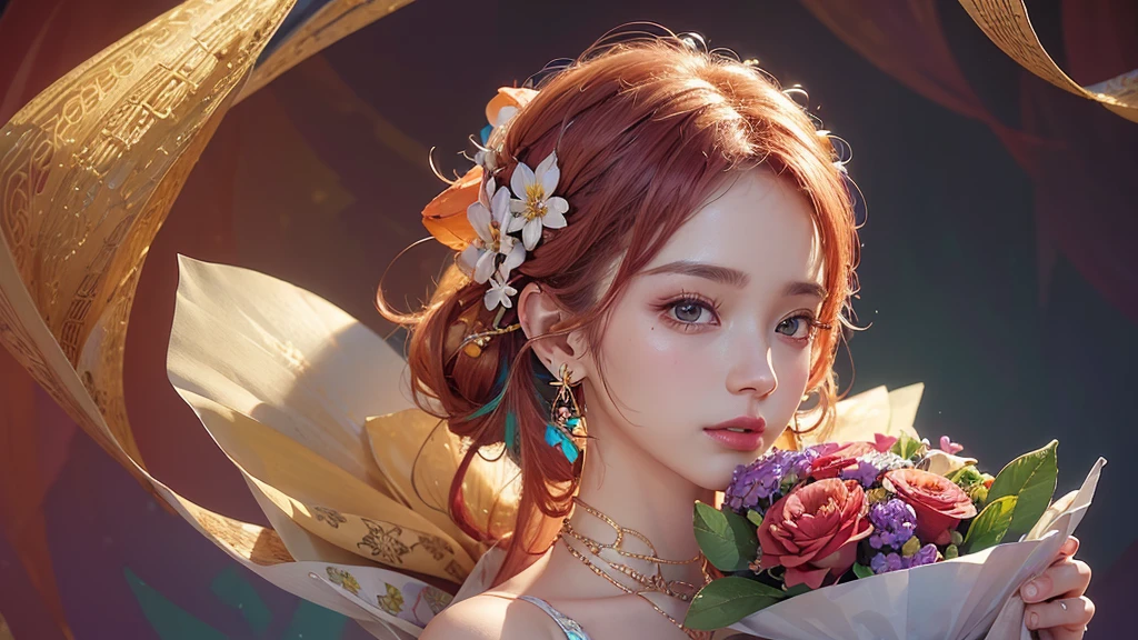 32K, 最高quality, 最高masterpiece, (ultra-Detailed Background, Detailed Background), High resolution, Super detailed, Very detailedな, 1 personの, (bouquet:1.3), (Tangled:1.2), (Geometric:1.2),(colorful),(masterpiece, quality, best quality, Official Art, Beautiful and beautiful:1.2), (1 person:1.3), Very detailed,(colorful:1.1)(Flowers:1.3),Most detailed,(Tangled:1.2), whole body, (Abstract background:1.3), (Skin glows), (Many colors:1.4), ,(Earrings Jewelry:1.5), Pale Red Background, It's imaginative., Milk tea colored hair, Updo,