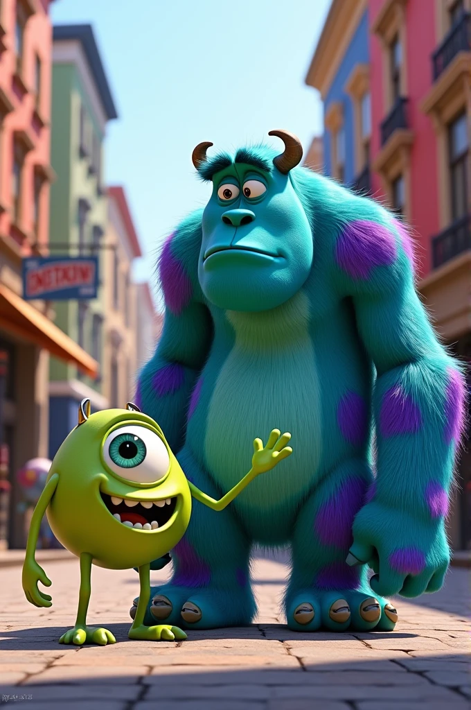 Haz ha Mike Wazowski abrazado con James P. Sullivan mirando feo a Randall Boggs y a Johnny Worthington de Monster Inc