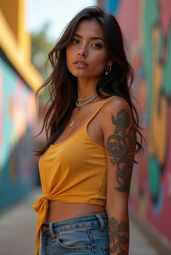 Create a picture of a 19 year old girl for me, with dark brown hair, smooth and above the waist, with pale brown skin, curvy body and dark eyes. 